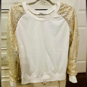 White and Gold Sequin Sleeve Sweatshirt